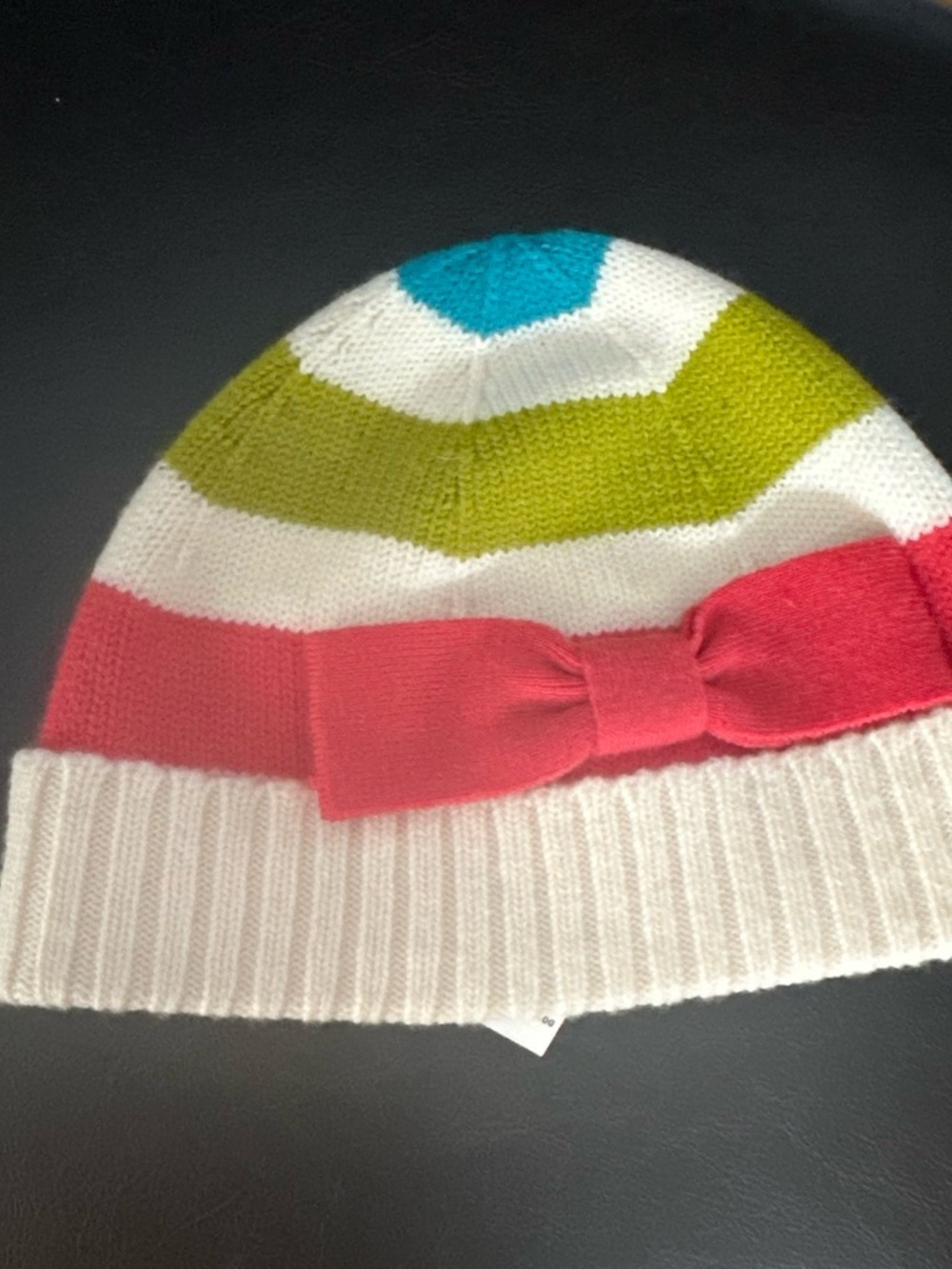 Kids Striped Knit Beanie with Bow - White, Coral, Lime & Teal